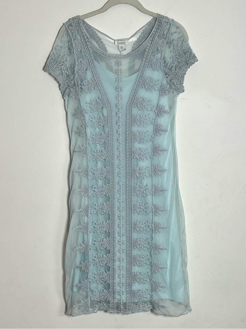 Sundance Misty Dreams Embroidered Mesh Overlay Dress Aqua Blue - Picture 3 of 7